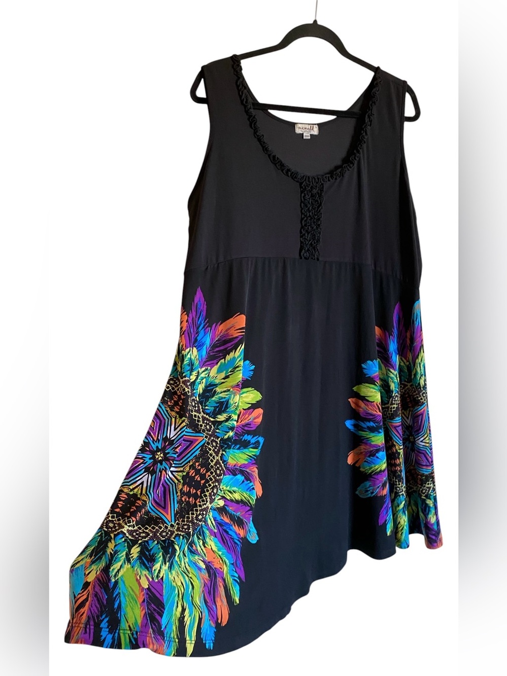 Women’s ONE WORLD Black Tank Dress VibrantFeather Dreamcatchers Design size 1X